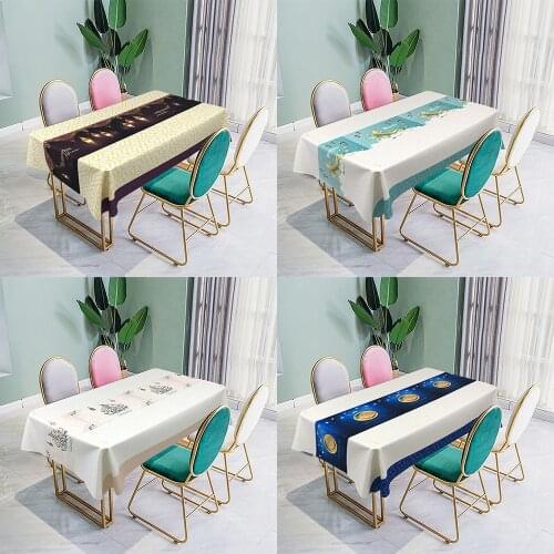 1pc Muslim Eid Mubarak Printed Tablecloth Waterproof Rectangle Dining Tablecloth Kitchen Table Cover Ramadan Islamic Decorations