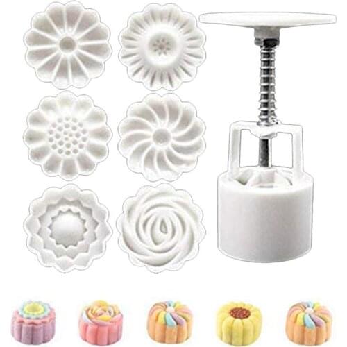 6Pcs Stamps Pressure Round Flower Moon Cake Mold Mould Pastry Mooncake Hand DIY Tools Baking Accessories Festival Decoration