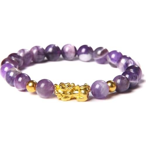Pixiu Bracelets Women Natural Ametheyst Healing Energy Stone Bracelet Fengshui Charm Bangle Men Stretch Friendship Jewelry Gifts