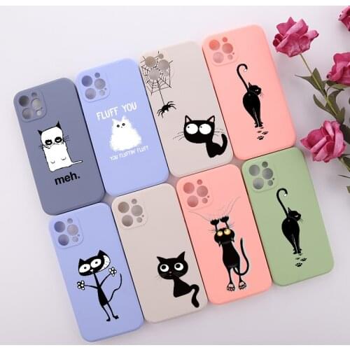 Cartoon Candy Cute Black Cat Phone Cover For iPhone 11 12 Pro Max Mini XS XR X 7 8P Shockproof Liquid Silicon Phone Case Funda