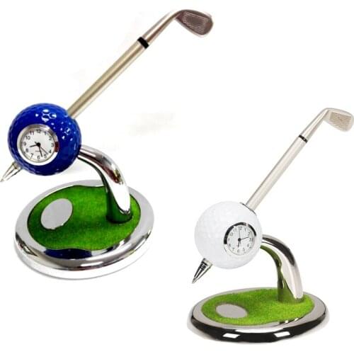 Golf Club Style Pen Holder/Ball Pen Stand with Clock,Desktop Golf Ball Clock holder with ballpoint pen gifts set