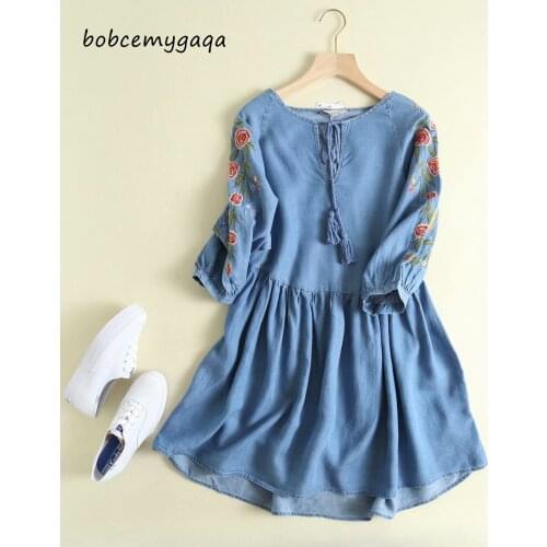 Floral Embroidery Denim Dress Women Light Blue O Neck Half Sleeve Summer Loose Soft Jeans Dress Spring Vestido Mujer Cotton