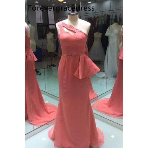 Coral Peplum Bridesmaid Dress Mermaid One Shoulder Beaded Formal Guest Maid of Honor Gown Plus Size Custom Made