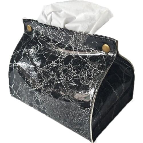 Marble Pattern Tissue Box Pu Leather Home Car Napkin Paper Container Paper Towel Napkin Case Pouch Home Decor—Black