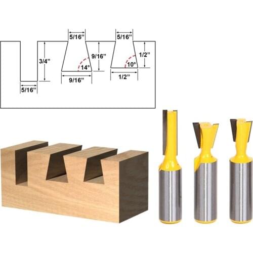 3pcs/lot Bit Dovetail Router Bit Set - 1/2" Shank