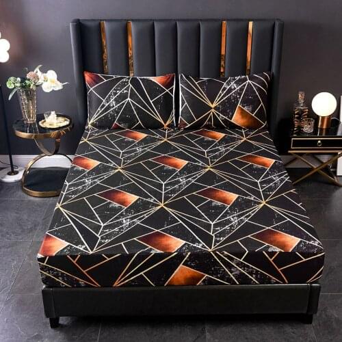 Home Bedding Fitted Sheet with Deep Pocket Lightweight Microfiber Mattress Cover Queen Black Marble Printed Pattern Bed Cover