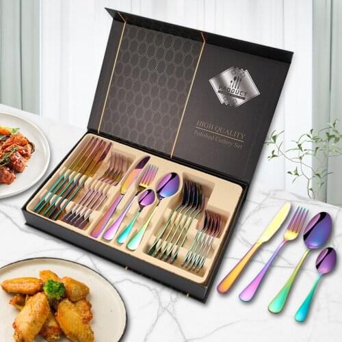 Luxury Table Cutlery Stainless Steel Knife Fork Spoon Tableware Set 24 Piece Dinnerware Set Kitchen Device Sets Gift Box