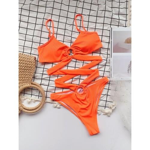 Sexy hollow out One Piece Swimsuit 2021 Women Solid Orange Swimwear Push Up Monokini Bathing Suit Swimming Suit Beachwear