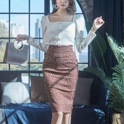 Spring Autumn 2 Pieces Set Women Square Collar Long Sleeve Kintted Top Bodycon Pencil Print Skirts Office Lady Suit