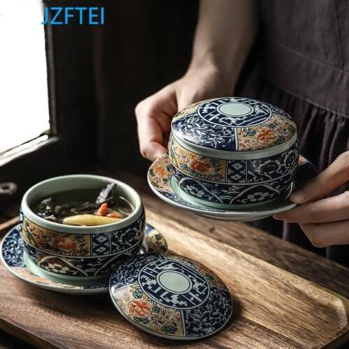 Style Ceramic Dish Stew Round Bowl Porridge Noodle Bowl Soup Bowl With Lid And Saucer Creative Home Utensils Crockery Lunch Box