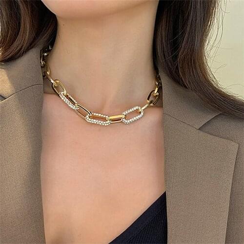 Rhinestone micro thick link chain necklace for women gold plated shiny punk chunky necklace punk hip-hop