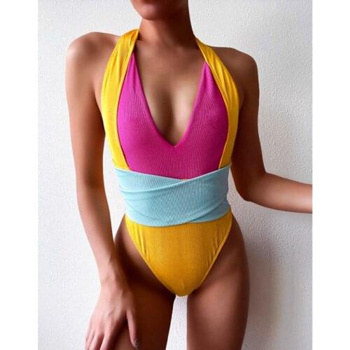 Urifens Sexy Patchwork Backless One Batsuit for Women Swimsuit Batsuit with Bandage Push Up Summer Beach Batsuit Biquinis LYC55U