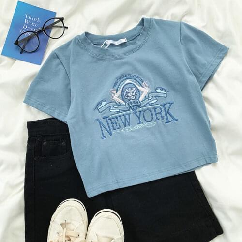 Vintage Crop Top Short Sleeve Tees New York Letter Embroidery Tiger Pattern Skinny Fashion T-Shirt Summer 2021 Womens Clothing