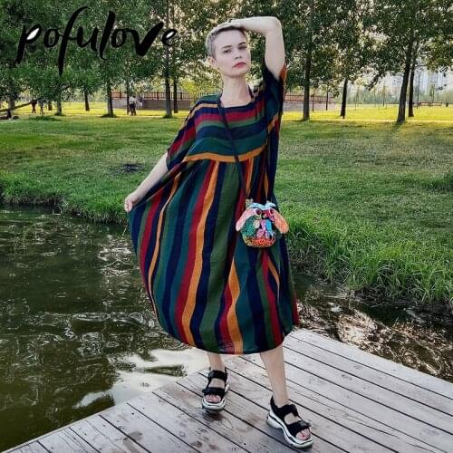 Women Plus Size Long Maxi Dress Summer Loose Stripe Casual Cotton Linen O Neck Vintage Elegant Pocket Short Sleeve Lady Dresses