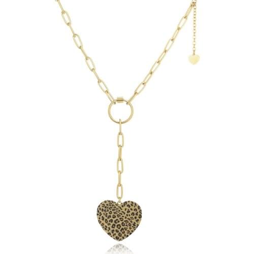 Heart Pendant Chain Necklace for Women 14K Metal Textured Stainless Steel Leopard Choker Collier Fashion Jewelry Bijoux Femme