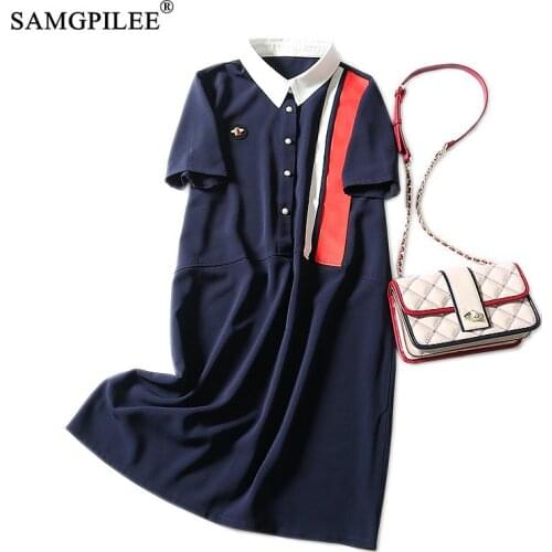 Dresses Summer 2021 Woman Casual Dress A-line Patchwork Short Sleeve Button Elegant Dress Empire Turn-down Collar Dresses Woman