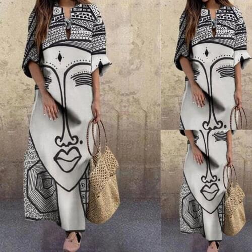 2021 summer and autumn new womens fashion face printing V-neck loose large size dress
