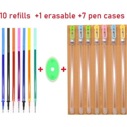 10 Pcs+ 1 Erasable + 7 Refills, Erasable Washable Pen / Refill Kit Pen Barrel 0.5 Mm 7 Colors for School and Office Sets
