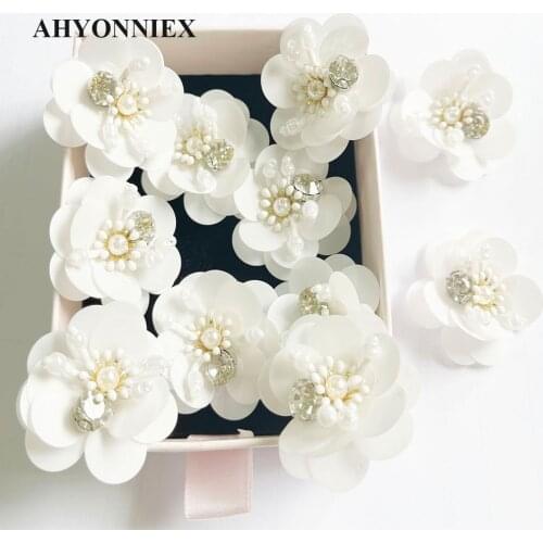 10PCS White Color Sequins Beaded Flower Sew On Patches for Clothing Beading Applique for Earrings DIY Socks Bags Shoes Socks