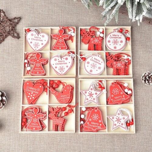12pcs Christmas Wooden Pendants Xmas Tree Hanging Ornaments DIY Wood Crafts Christmas Party Decor for Home New Year Decorations