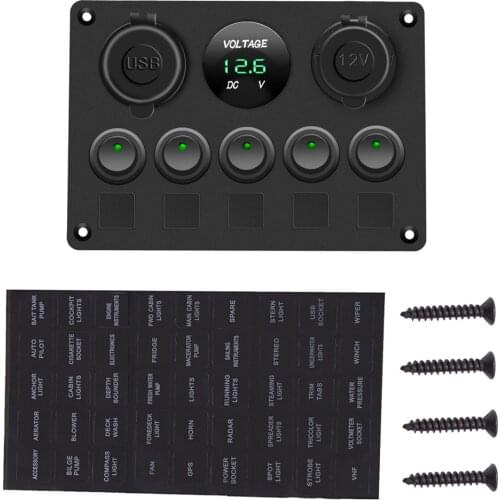5/6 Gang Rocker Boat Switch Panel Car Waterproof Slot Socket Digital Voltmeter Dual USB Port Combination 12V Outlet Marine LED