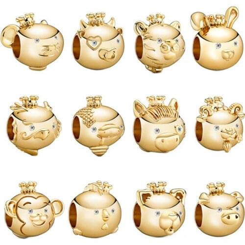 925 Sterling Silver Animal Beads Zodiac Shining Golden Rat Pig Dog Rabbit Charm Fit pan Bracelet For Women DIY Jewelry