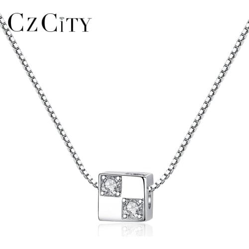 CZCITY New Link Chain Square 925 Sterling Silver Pendant Necklaces for Women Fine Jewelry Collares Joyeria Fina Para Gift SN0318