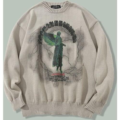 Hip Hop Knitted Angel Lightning Printed Jumper Sweaters Men Harajuku Streetwear Sweater Autumn Oversized Hipster Casual Pullover