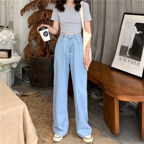 Womens Jeans 2021 Spring Autumn New Korean Style High Waist Light Color Loose Fashion Wide Leg Pants Trousers Female Clothing