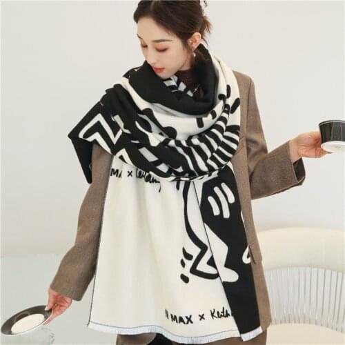 Cartoon Printed Cashmere Winter Scarf Women Blanket Design Pashmina Shawls and Wraps Thick Warm Bufanda Stoles 2021
