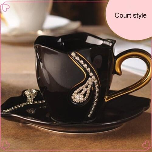 Nordic Luxury Diamond Ceramic Coffee Cup with Saucer crystals necklace Milk Cup spoon Tea Cup 200ml DrinkWare For Lovers Gift