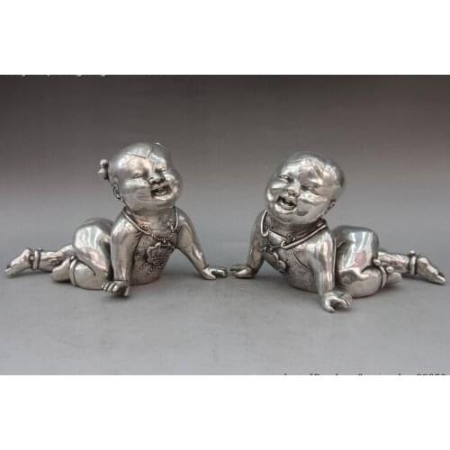 China White Copper Silver Longevity lock Kid Tong Boy Tong Girl Pair Statue Set