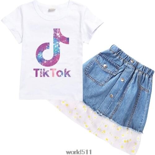 Baby Girls Clothing Sets Cartoon Tik Tok Clothes Kids Cotton T Shits+Short Jeans 2PCS Set Children Summer Casual Clothes