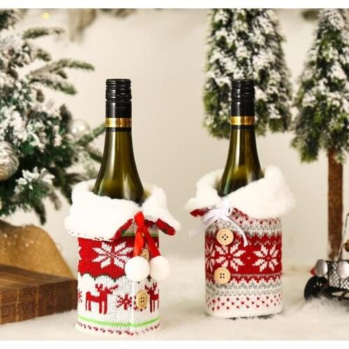 Lovely Faux Fur Collar Christmas Wine Bottle Cover Dust-proof Knitted Fabric Xmas Party Wine Bottle Sweater for Restaurant
