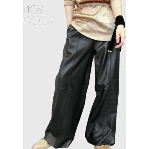 Novmoop Italy casual style winter black loose lambskin genuine leather wide leg pants women trousers pantalones mujer LT2897