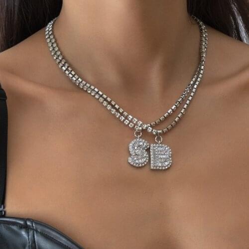 New BS Letter Capital Charm Pendant Full Crystals Chain Necklace for Women Man Couples Punk Hip Hop Street Gold Pendant Necklace