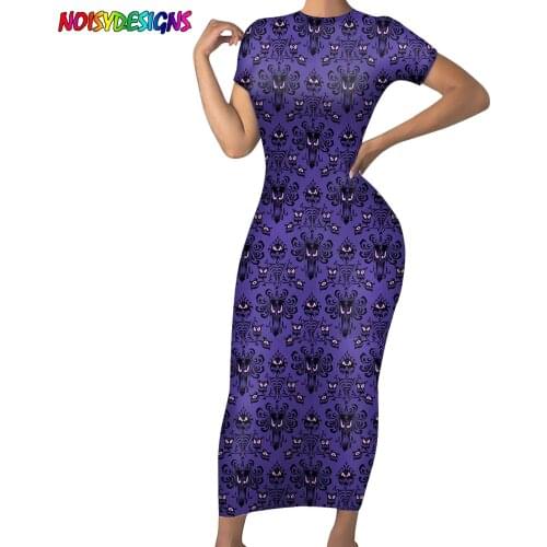 NOISYDESIGNS Women Short Sleeve Dress Haunted Mansion Pattern Purple Bodycon Female 2021 Fashion Party Maxi Dresses Vestios