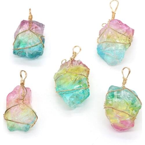 Natural Crystal Stone Pendants Irregular Colorful Crystal Copper Wire Wrapped Quartzs Stone Charm for Jewelry Making Necklace