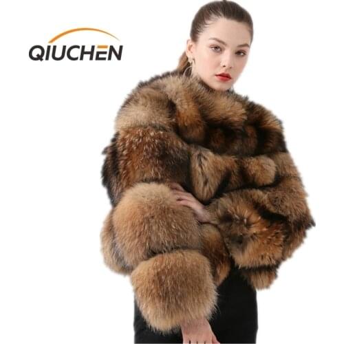 QIUCHEN PJ1884 New arrival women winter real raccoon fur coat fluffy hot sale wholesale fur dress Women winter real fur coat