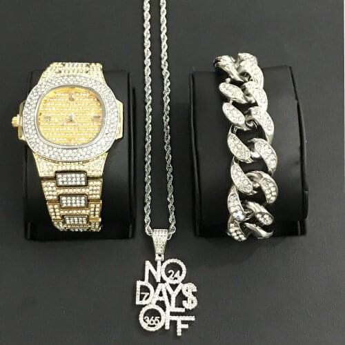 Luxury Men Watch Men Jewelry Watch & Bracelet & Necklace &Combo Set No Day Off Pendant Ice Out Cuban Bracelet Hip Hop For Men