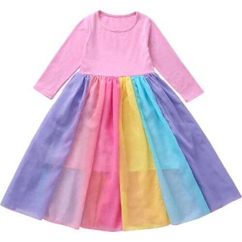 O-neck Children Splicing Mesh Cotton Warm Long Dresses Korean Lovely Rainbow Fashion Long Sleeve Kids Girls Dress