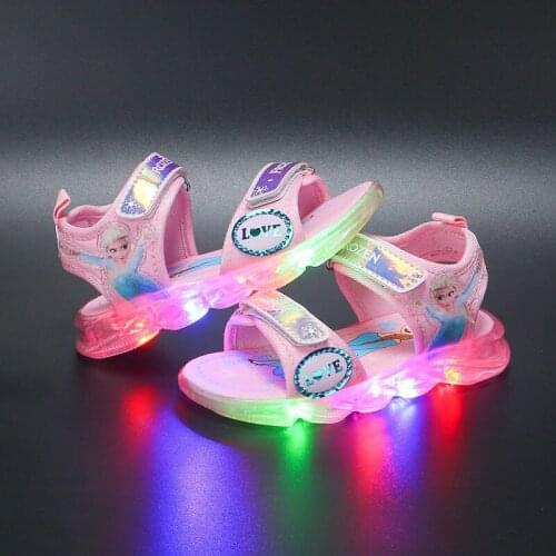 Disney Frozen Girls Lighted Sandals Summer Children Princess LED Non-slip Beach Shoes