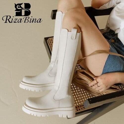 RIZABINA Real Leather Women Shoes Knee High Boots Low Heels Fashion Winter Long Boot Cool Outdoor Ladies Footwear Size 34-41