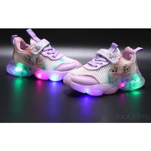 Spring Autumn Frozen Kids Light Shoes Girls Childrens Elsa Casual Sneakers Breathable Soft Anti-Slip Running Sports Shoes