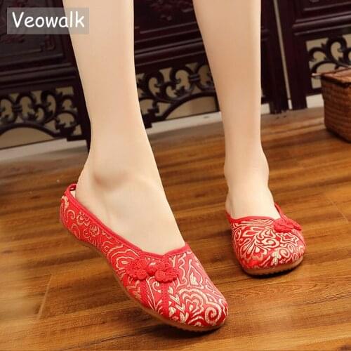 Veowalk Summer Women Handmade Silk Cotton Fabric Slippers Vintage Chinese Wedding Red Bridal Shoes Ladies Comfortable Flat Mules