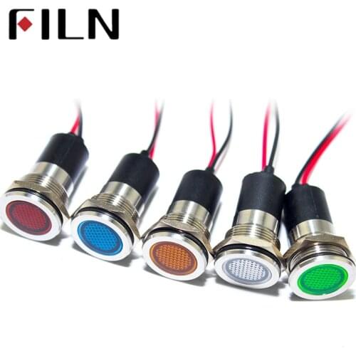 FILN red green yellow blue white led metal 19mm mounting hole 24v 110v 220v 12v indicator light with 20cm cable