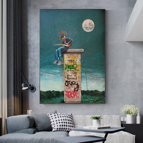 Street Paintings Guitar Boys In The Moonlight Canvas Paintings and Posters Living Room Bedroom Decoration Paintings(No Frame)