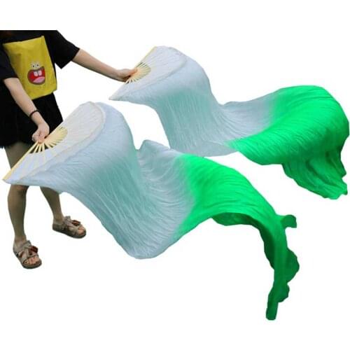 100% Silk Fans Handmade Dyed High Quality Silk Belly Dance Long Fans 1Pair Left+Right Hand Belly Dance Fans White+Green 180x90cm