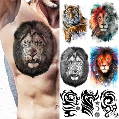 Large Lion Temporary Tattoos For Women Men Realistic Thorns Stars Watercolor Tiger Fake Tattoo Sticker Chest Arm Tatoos