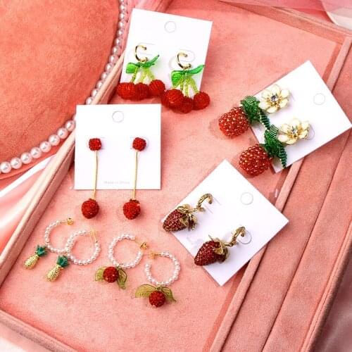 Flatfoosie Red Strawberry Inlaid Crystal Drop Earrings Handmade Beaded Cherry Earring Trendy New Small Fresh Delicate Jewelry